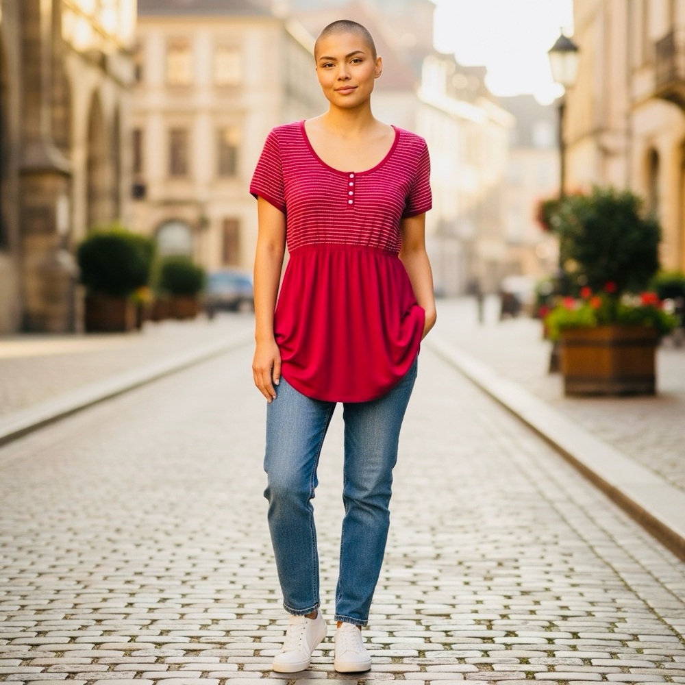 Elegant Striped Short Sleeve Top in Red